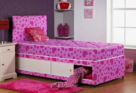 DreamMode The Pink Hearts Divan Bed with Sliding Storage and Headboard